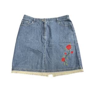 Faded Glory Embroidered Rose Denim Jean Skirt Plus 18 Western Cowgirl Rodeo VTG
